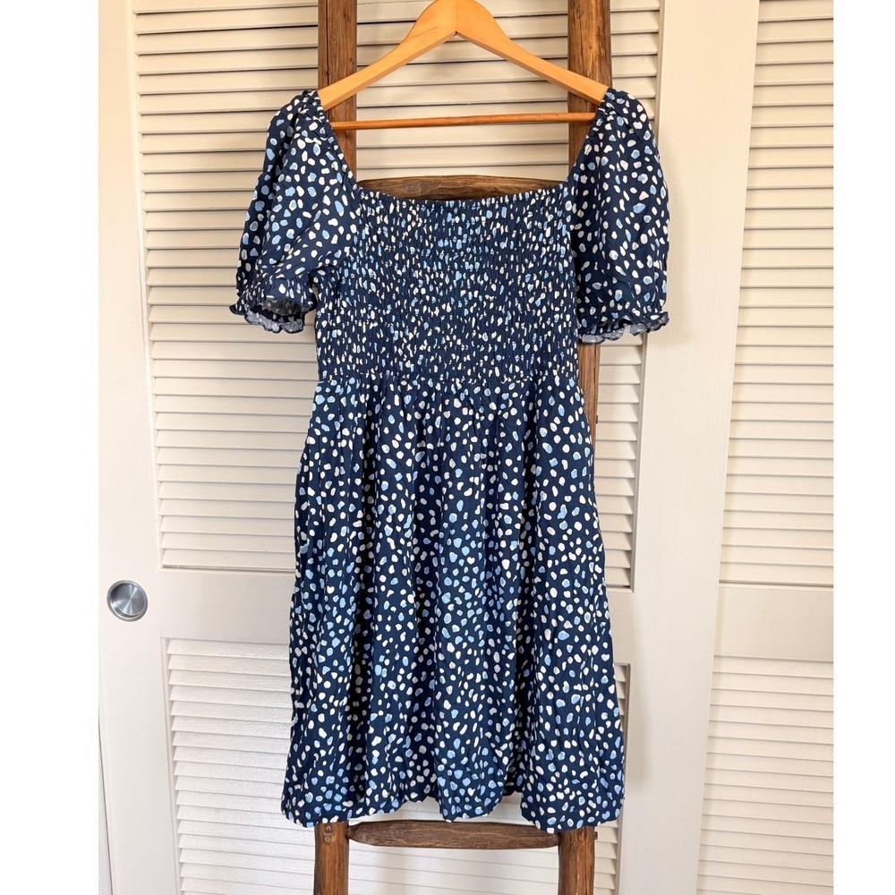 Roxy Navy Blue Puff‎ Sleeve Smocked Bodice Mini Dress Print Size M NWT